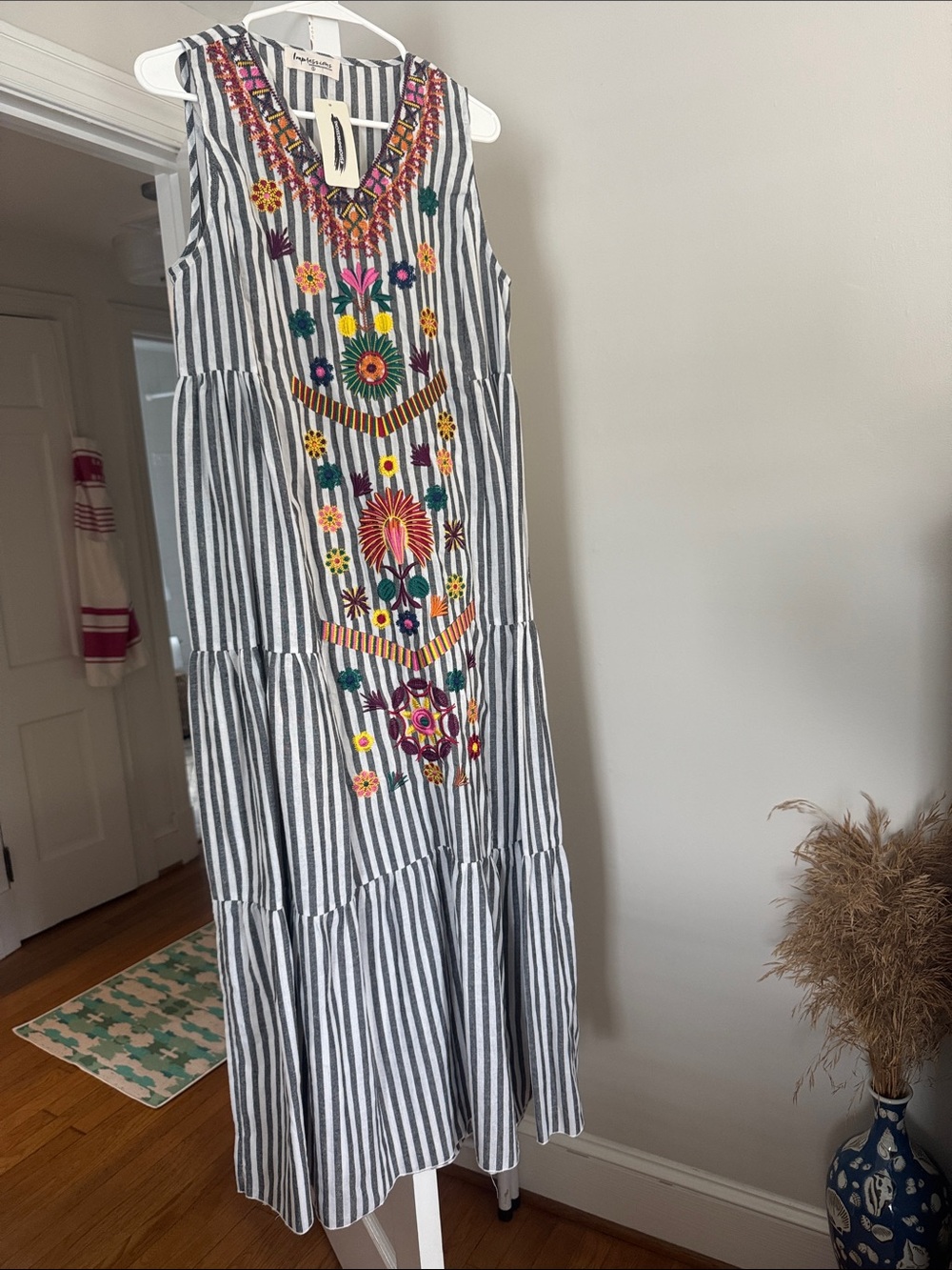 Impressions Black & White Striped Maxi Dress with Colorful Floral Embroidery